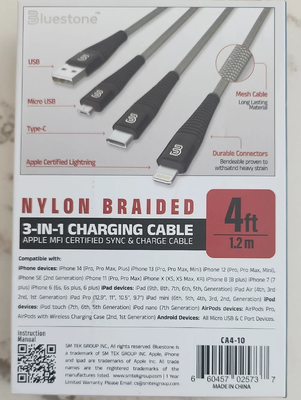 Black Nylon Braided 3-in-1 Charging Cable - 4ft